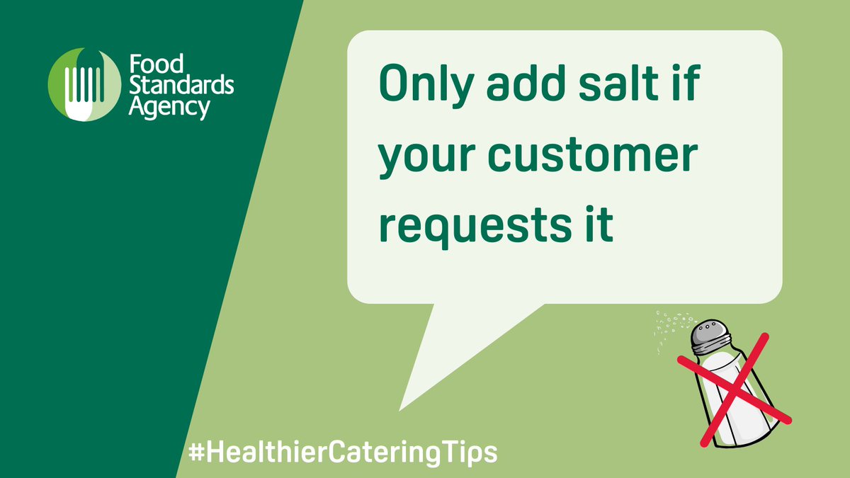 FSAinNI's tweet photo. Over half of consumers would like the amount of salt in food reduced. #HealthierCateringtips
✅ Only add salt if customers request it
✅ Use a saltshaker with fewer holes (5 max)
✅ Don't add salt to your batter mix. If you buy batter mix, choose one that doesn’t contain salt https://t.co/NhyzCRuM5m