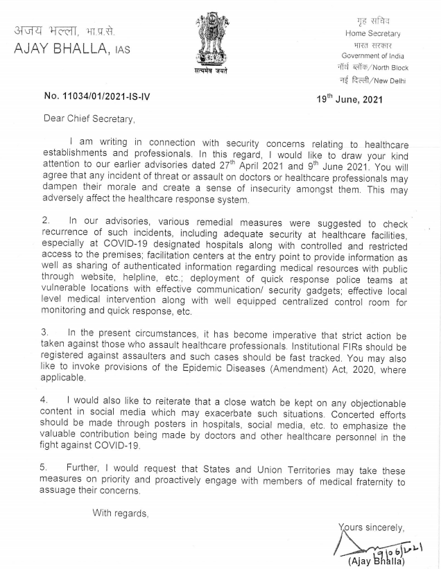 ANI's tweet photo. Union Home Secretary Ajay Bhalla writes to chief secretaries and administrators of all States/UTs for implementation of a slew of measures to check incidents of attacks of healthcare workers https://t.co/f7ypldIdal