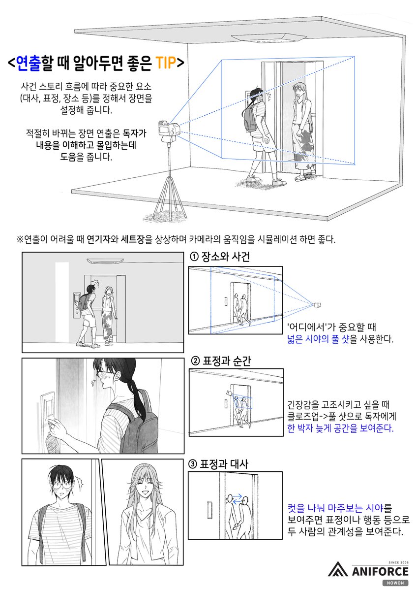 연출할 때 알아두면 좋은 TIP

🌻아홉 번째 수업은 연출 할 때 장면을 설정하는 방법을 알려줄 거에요. 대사, 표정, 장소 등 스토리 흐름상 가장 중요한 요소를 정하고 적절히 장면을 설정해 주면 독자가 내용을 이해하고 몰입하는 데 도움을 줍니다!