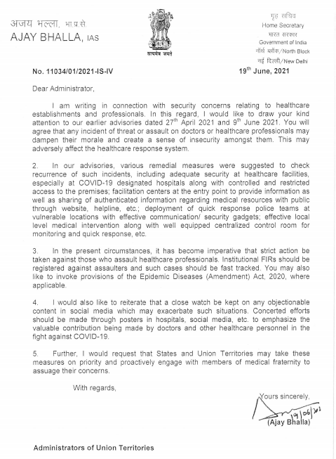 ANI's tweet photo. Union Home Secretary Ajay Bhalla writes to chief secretaries and administrators of all States/UTs for implementation of a slew of measures to check incidents of attacks of healthcare workers https://t.co/f7ypldIdal
