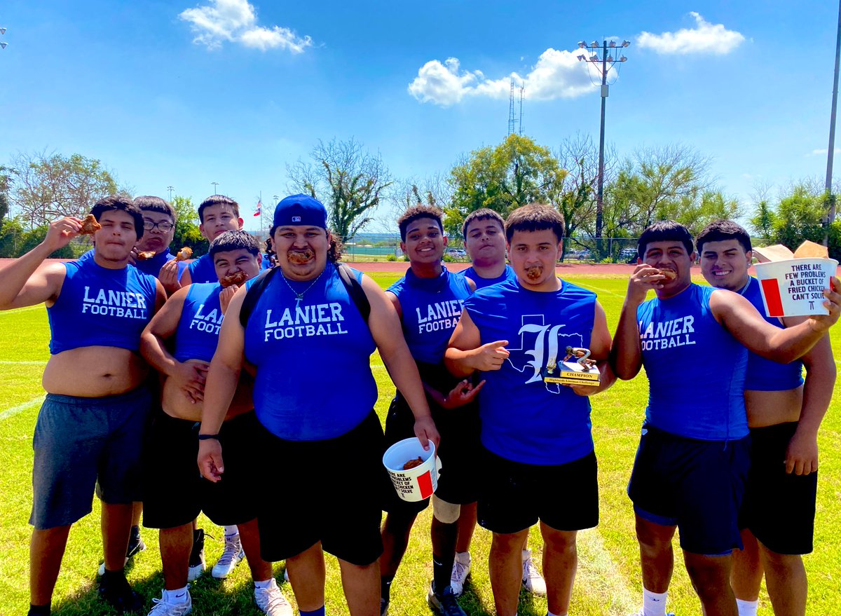 HighlandsOwlsFB's tweet photo. Thank you to all the athletes and coaches in SAISD and Edgewood ISD for competing in the 1st Highlands Lineman Challenge! Congratulations to @VoksFootball on winning the trophy but more importantly the big box of @kfc chicken! #HOODAT https://t.co/KI4IPmlCpk