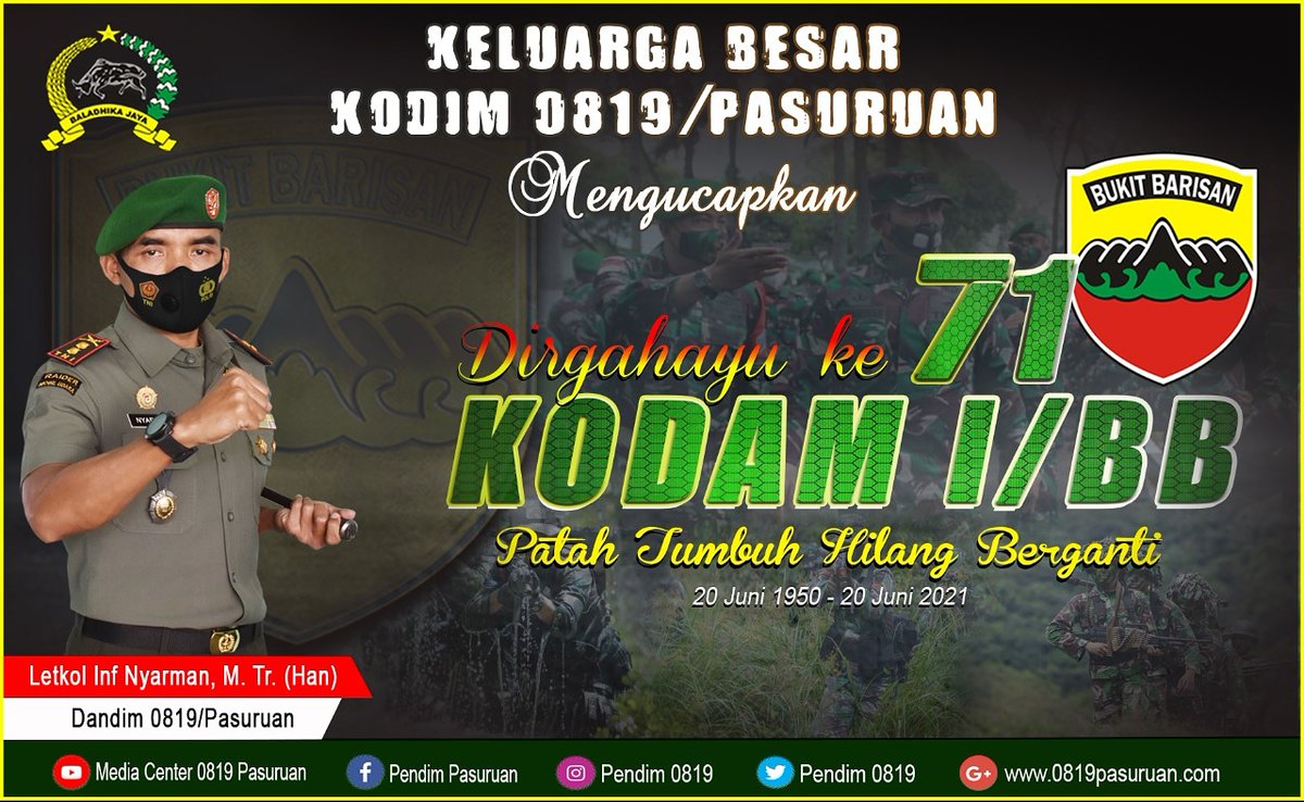 0819Kodim's tweet photo. Keluarga Besar Kodim 0819/Pasuruan mengucapkan :
Dirgahayu Kodam 1/Bukit Barisan ke 71
(20 Juni 1950 - 20 Juni 2021)
"Patah Tumbuh Hilang Berganti"
#puspentni #kodam5brw #korem083 #penrem083 #infokomando #kodam1bukitbarisan #kodam1bb https://t.co/IE6IfHRlUM