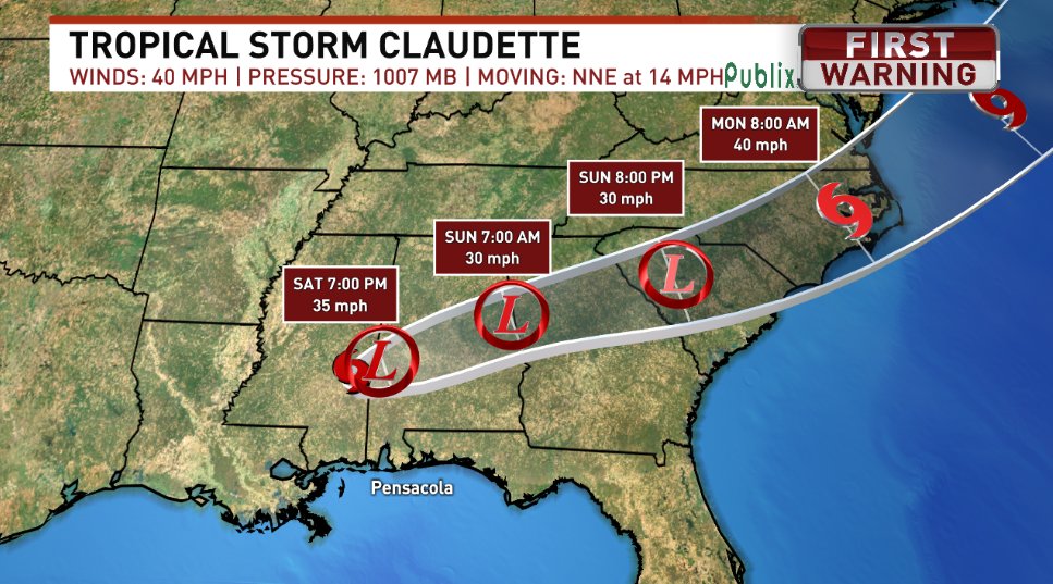 JNeubauerWx's tweet photo. #Claudette early afternoon track:
More rain & breezy winds on the south end of the system keeps weather active tonight - Sunday morning across #NWFL
#flwx https://t.co/ZNyRpsEaNv