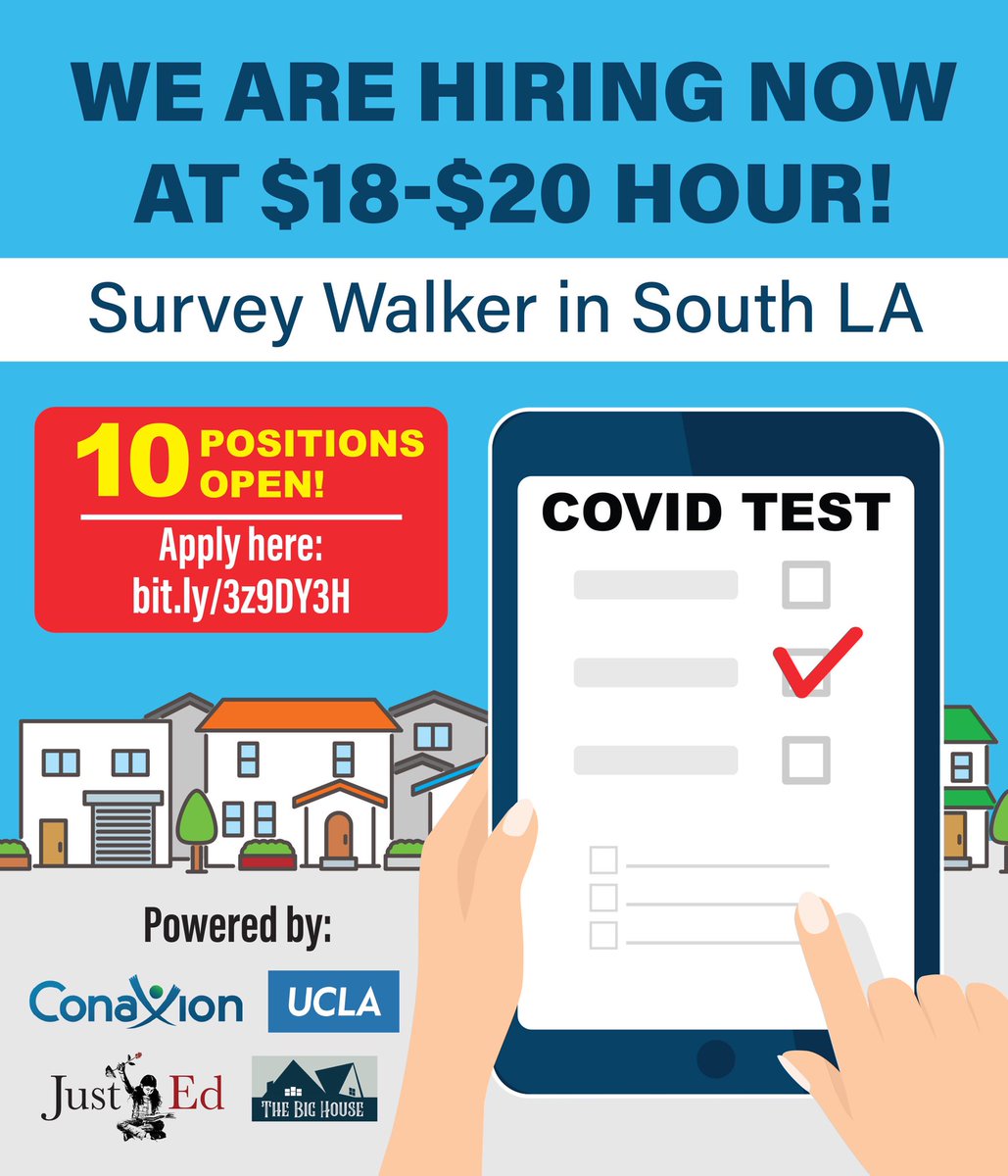 JustEdLA's tweet image. We are still hiring canvassers.  It’s a perfect job to both make an impact and make extra money.  The hours are great and accommodate other job, school and summer activity schedules.
Mon-Wed 3 pm to 8 pm
Sat-Sun 10 am to 3 pm
Thur/Fri No Work
Sign-up below:bit.ly/3z9DY3H