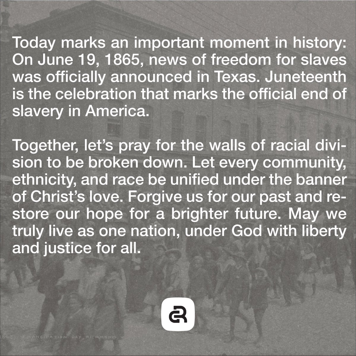 reachcitychurch's tweet photo. Today marks an important moment in history: On June 19, 1865, news of freedom for slaves was officially announced in Texas. Juneteenth is the celebration that marks the official end of slavery in America. https://t.co/fFOKNn4jDL