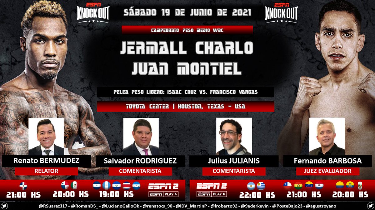 PuntajeIdealPE's tweet photo. 🥊 #BOX 🇺🇸 | #ESPNKnockOut
🎙 Relator: @RenatoBermudez
🎙 Comentaristas: @ChavaESPN - @julianisjulius
📝 Juez Evaluador: @BarbosaBox
📺 #ESPN 2 Latinoamérica
💻📱 @ESPNPLAY
🤳 #BOXEOxESPN - #PBConESPN - #CharloMontiel - #CruzVargas
Dale RT 🔃 https://t.co/PQjkyXEHZU