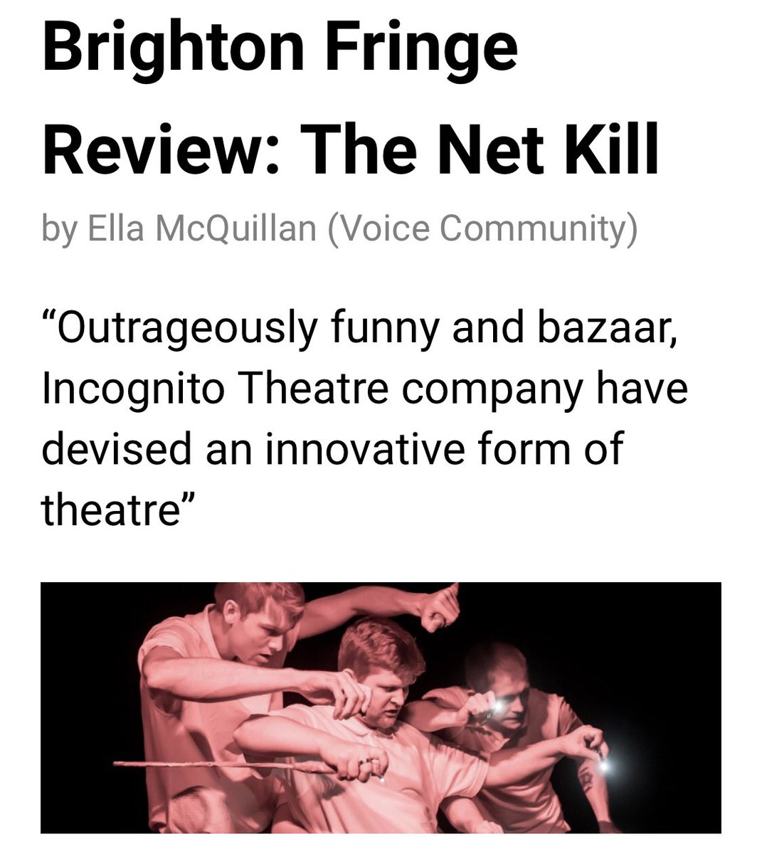 incognito107's tweet photo. Thank you to @voicemaguk for this amazing review of #TheNetKill ❤️
ONE SHOW TO GO!!
@brightonfringe #brightonfringe https://t.co/aYG8YUSmad