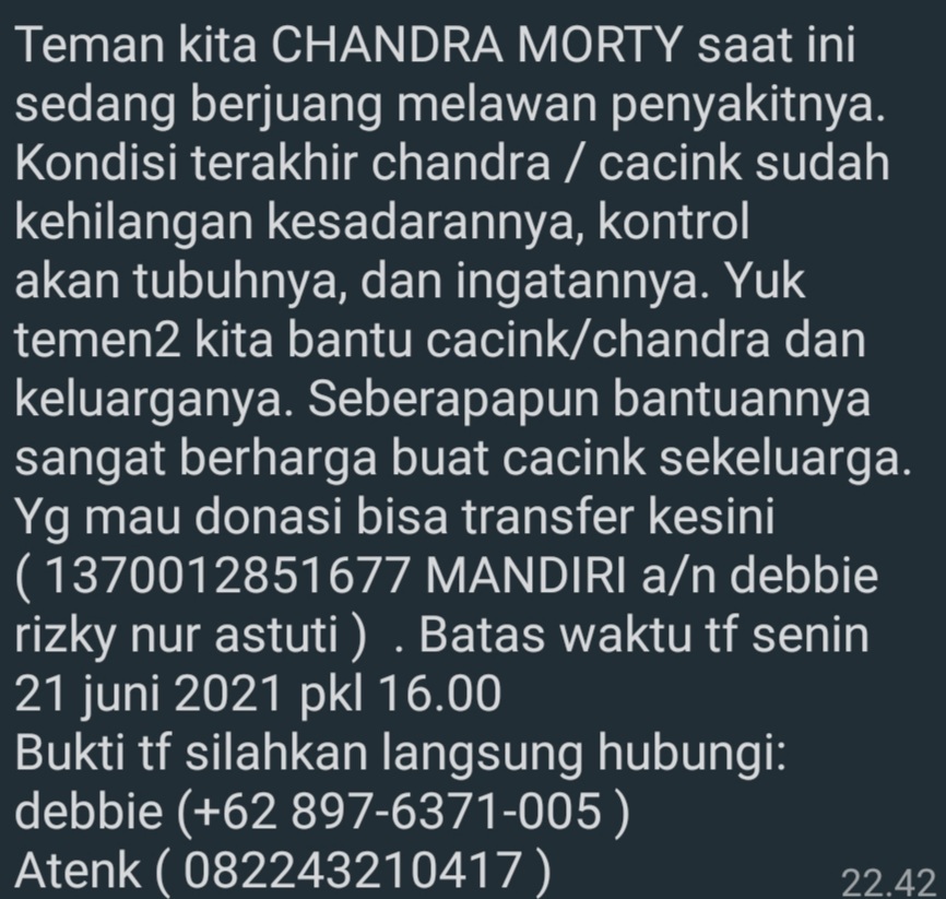 Mohon doa nya untuk drumer jejak kuntilanak yg sedang di rawat di RS bethesda semoga lekas membaik dan di beri kesembuhan.amin

sekira nya ada sodara2 yg berkenan meberikan donasi untuk meringankan beban keluarga sodara kita chandra morty (cacing).