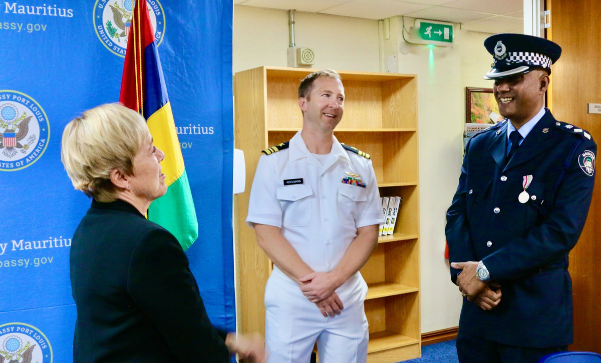 USEmbassyMoris's tweet photo. Join us in congratulating Superintendent of Police Ravi Ghunsum from the #Mauritius Police Force on his selection to attend @NDU_EDU in Washington D.C.! This one-year professional military education program is funded by the @StateDept and supported by @USAfricaCommand https://t.co/DBBkPil0h7