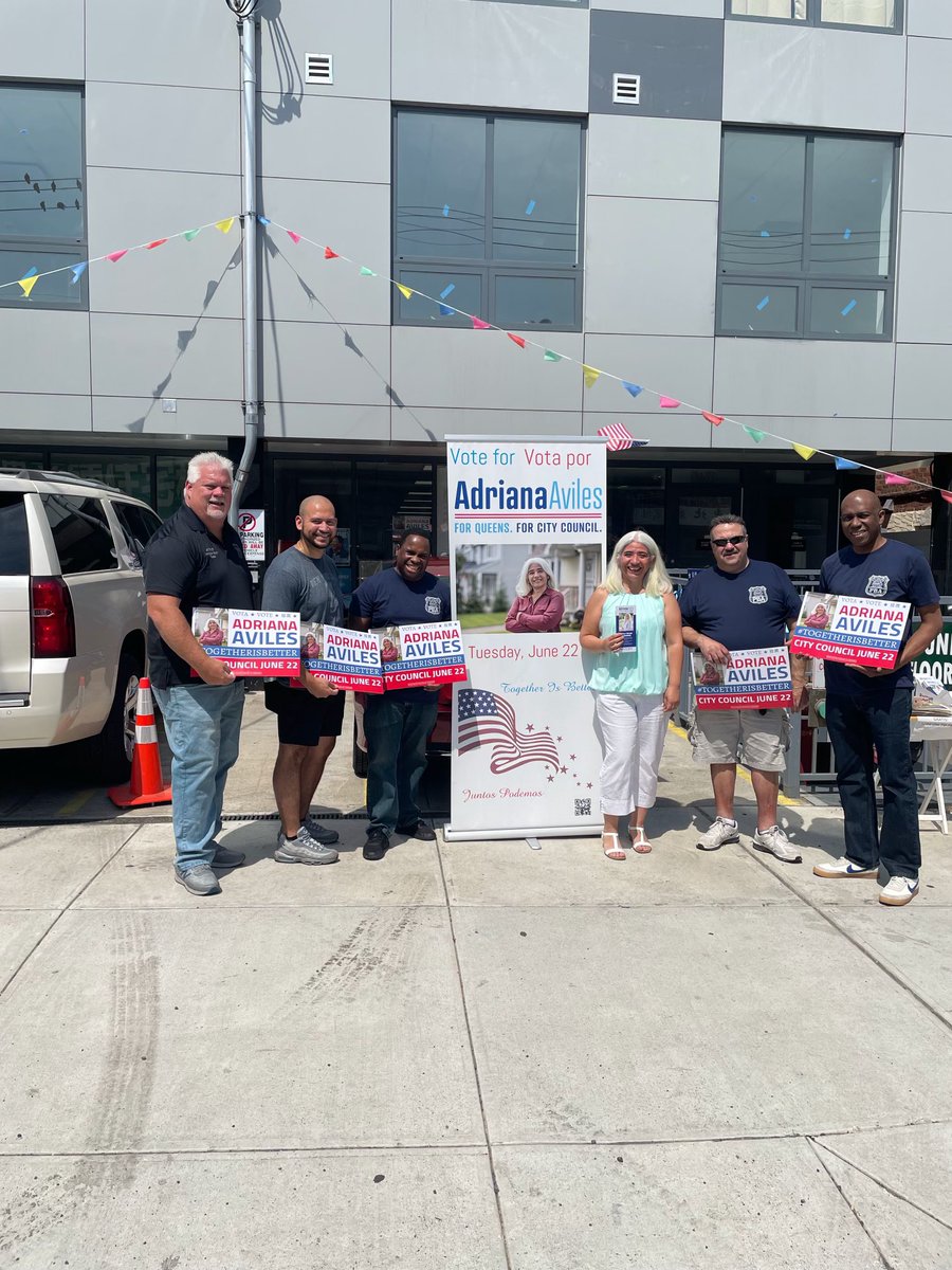 NYCPBA's tweet photo. PBA members were out campaigning for @Aviles4NYC this morning. As violence on our streets get worse it’s important we vote for candidates who support public safety. Adriana spent 20 years as a member of NY’s Finest. #VoteSafety https://t.co/vihCgIxH99