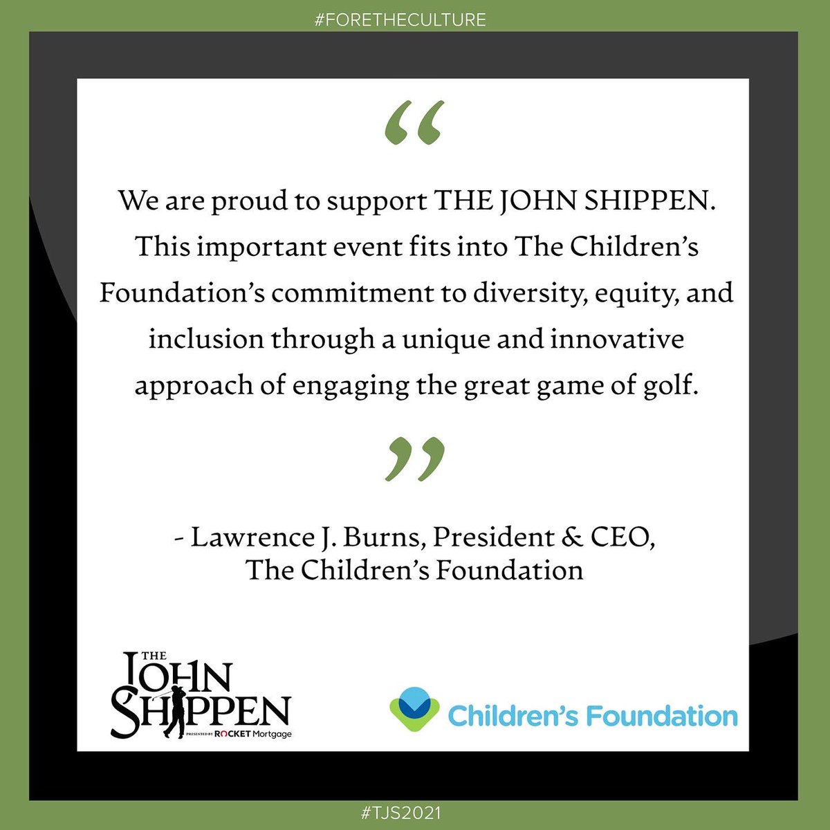 TheJShippen's tweet photo. Thanks to the @ChildrensFndn for their generous support as a Foundation Partner of #TheJohnShippen National Invitational & Sports Business Summit!
#TJS2021 #TheJohnShippen #ForeTheCulture #JohnShippen #golf #blacksingolf #blackgolf #ChildrensFoundation https://t.co/FUMj7oMLwW