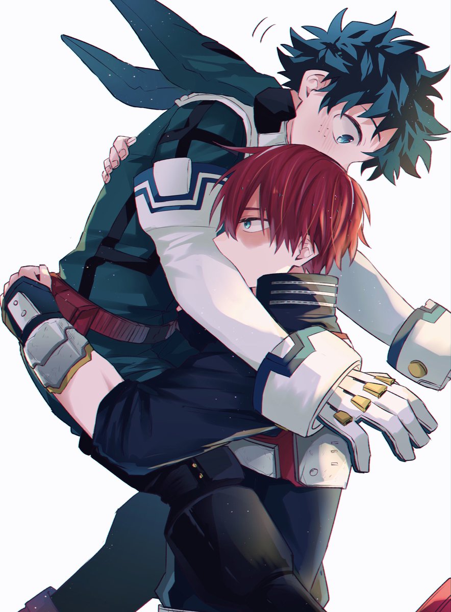 midoriya izuku ,todoroki shouto multiple boys 2boys male focus freckles red hair green hair gloves  illustration images