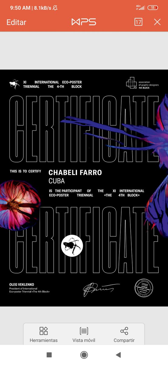 chabeli_farro's tweet photo. Recibí el certificado quedar en la lista larga junto a más de 10 colegas cubanos en #the4thblock eco-poster triennial ☺️🥳 https://t.co/XRwzQ65t0J