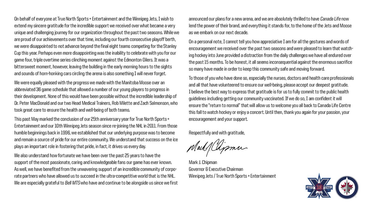 Thank You #NHLJets Fans!
A letter from Mark Chipman, Executive Chairman and Governor of the Winnipeg Jets Hockey Club.