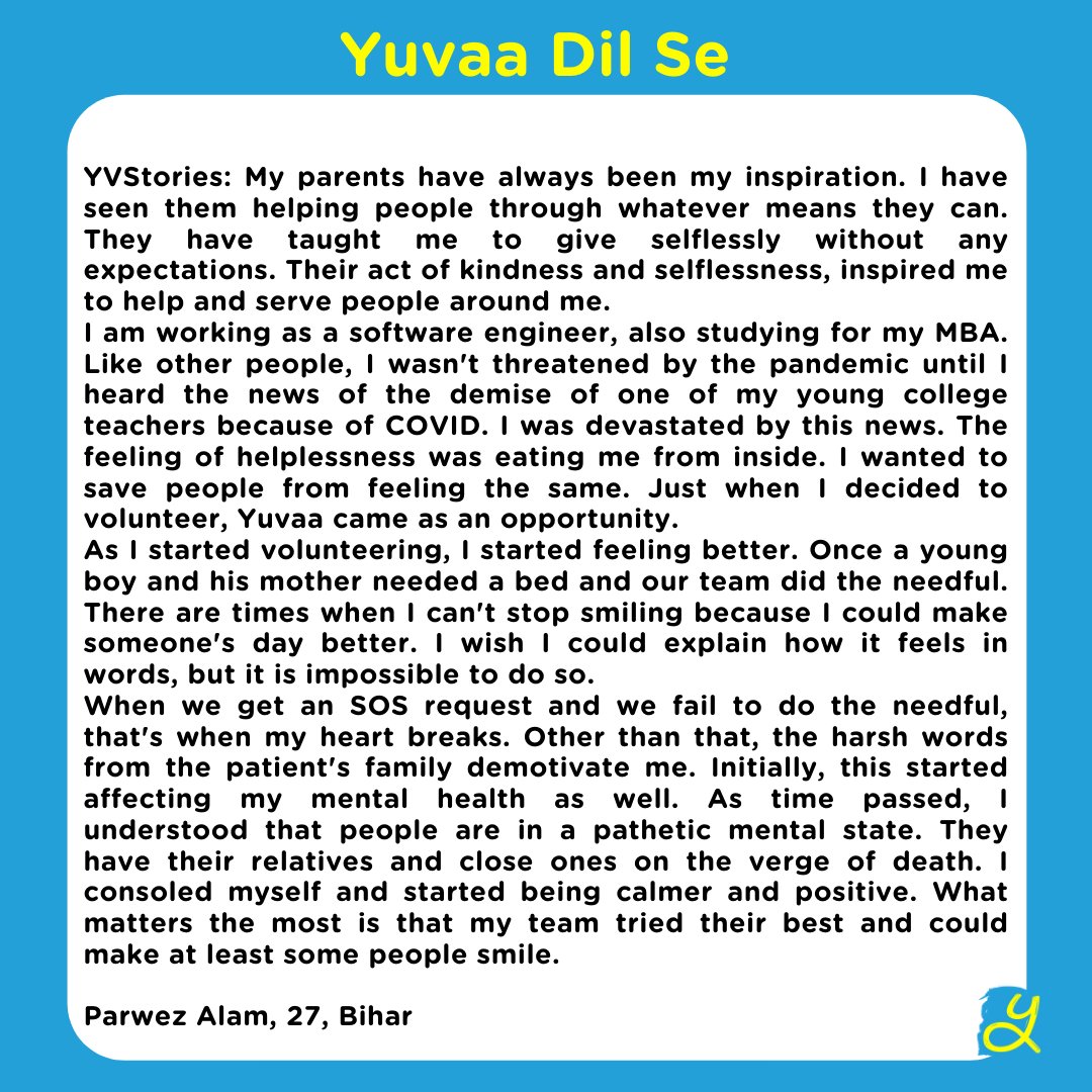 Parwez Alam(<a href="/parwezzzz/">Parwez</a>) #YuvaaVolunteer who is working tirelessly to bring smiles and save lives across India. 

#YuvaaDilse #YVStories #YouthFightsCovid #Yuvaa