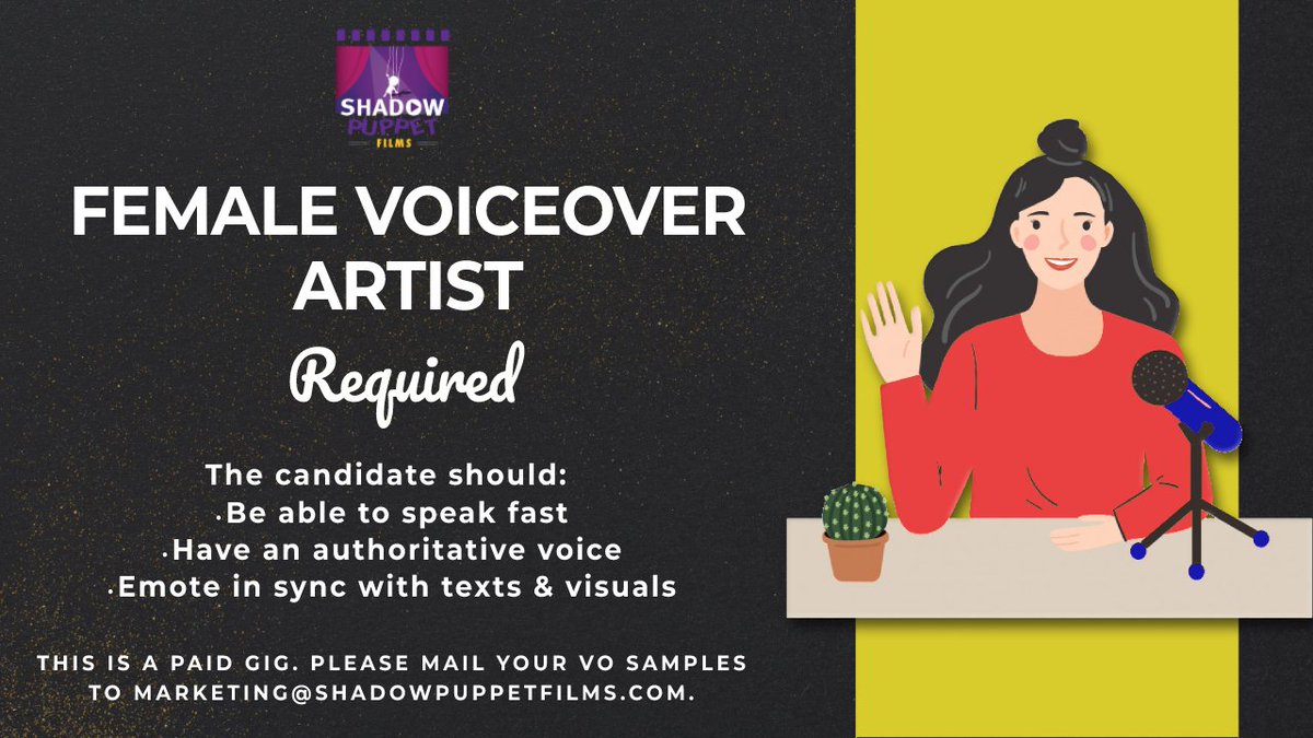 #SpreadTheWord #UrgentRequirement
This is for a 4 minutes long #NGO video. If you think you fit the requirement or know anyone who does, please mail the VO samples to marketing@shadowpuppetfilms.com.
#job #jobs #jobsearch #hiring #recruitment #hiringnow #Voiceoverartist https://t.co/z5HeoA1c0s