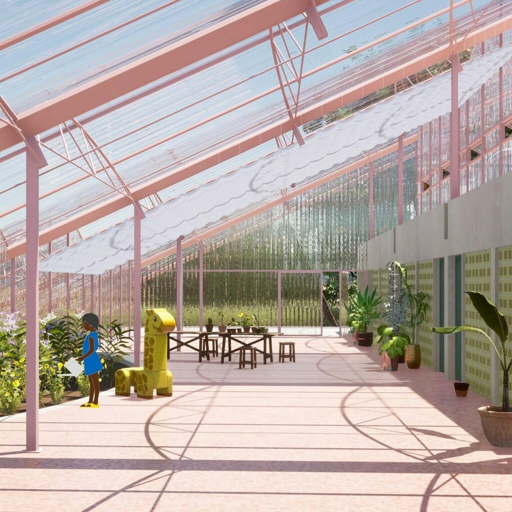 hello_elsewhere's tweet image. Large common hall for the school and local community. Polycarbonate wall creates visually abstracted view of the exterior. “Forest House” is a project for Ethiopia, that reimagines the sacred Church Forest found across the country as a new secular typolo… instagr.am/p/CQTcBbisCuI/