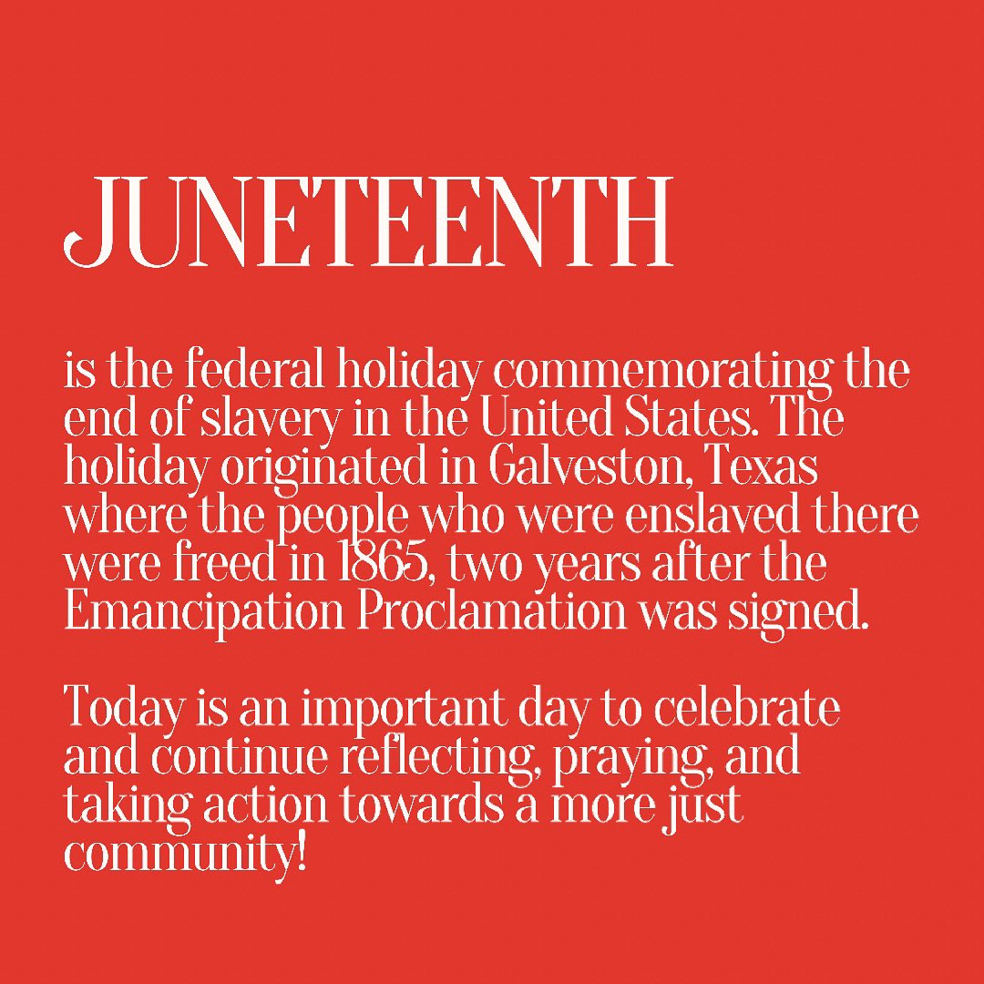 Happy Juneteenth! It is important for all of us this day to celebrate as well as to reflect, pray, and take action towards a more just community here on our campus and out in the world! #juneteenth #calltocommunity #ThisIsCatholicU #residencelife
