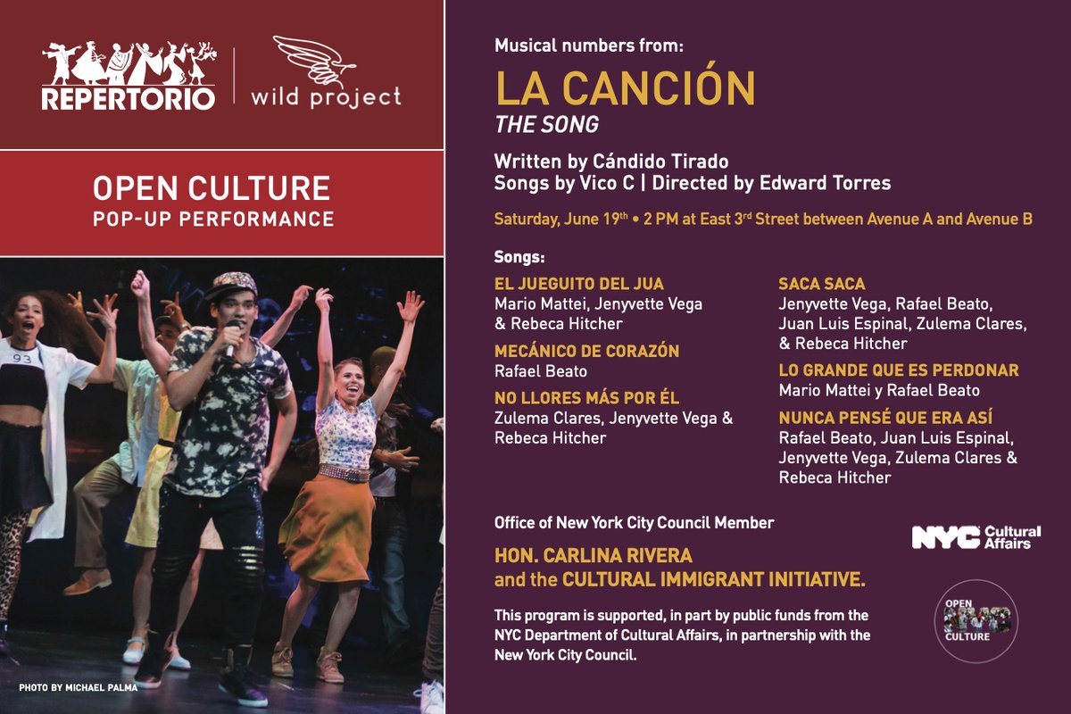 wildprojectnyc's tweet image. Join us at Avenue B &amp;amp; 3rd today at 2pm for two free live performances, presented by the Cultural Immigrant Initiative and NYC Council member Carlina Rivera! 

#OpenCulture #WildCulture #SaveWildProject #Wildproject
