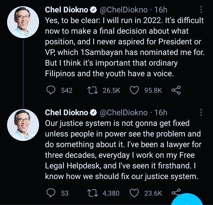 cyrelle_journ's tweet photo. Human Rights Lawyer Chel Diokno will be run for 2022 election. Position has not yet been clear, but in his Twitter announcement on wednesday, he clearly said he will run for Election next year.

#Halalan2022 
#Election2022

@dg_rosette https://t.co/fCn43WRAGi