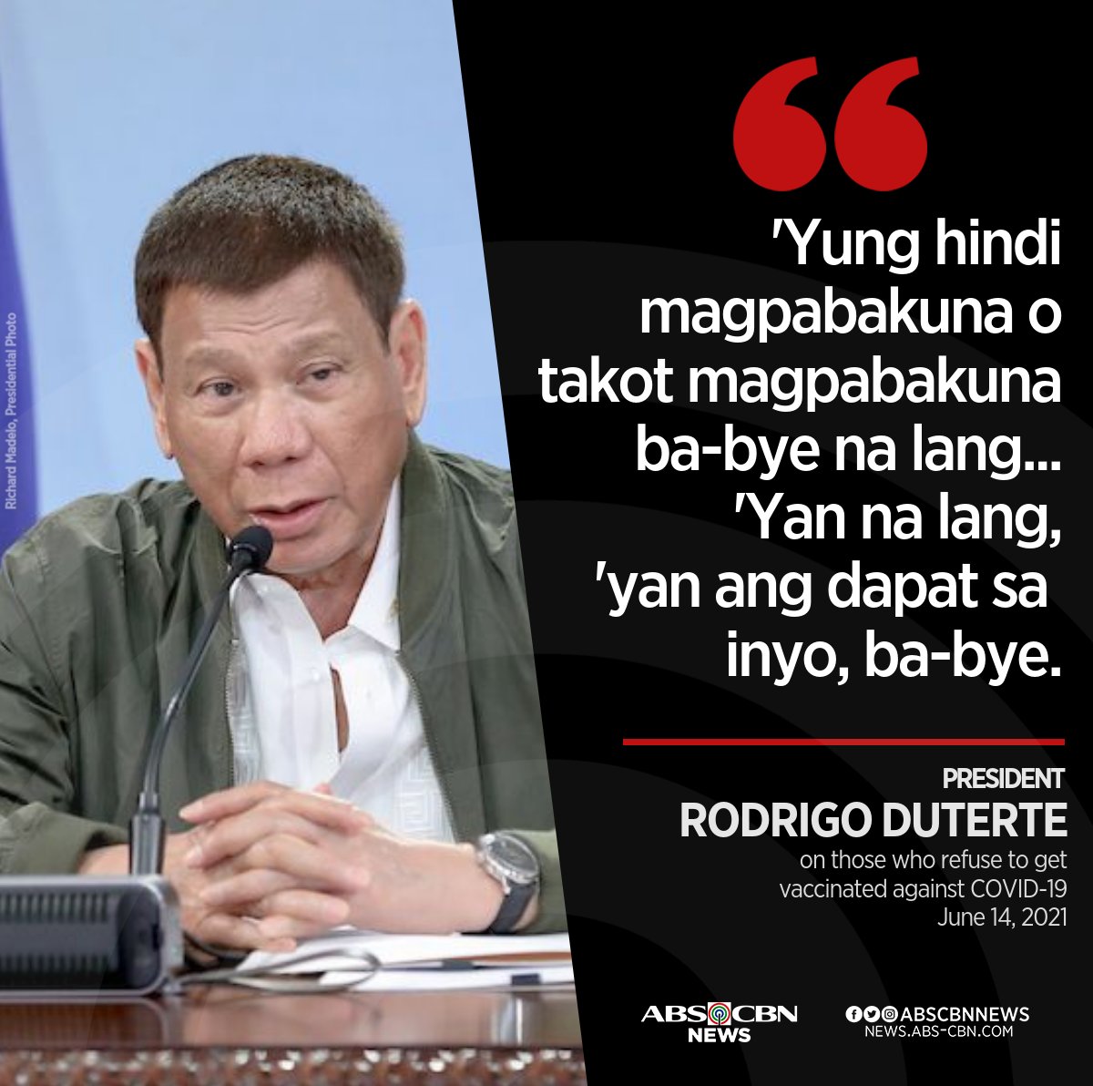 cyrelle_journ's tweet photo. President Duterte's response to people who refused to get vaccinated.

Photo credit: (ANS-CBN)
#COVIDVaccination 
#Covid_19 

@dg_rosette https://t.co/0lLffruvh8