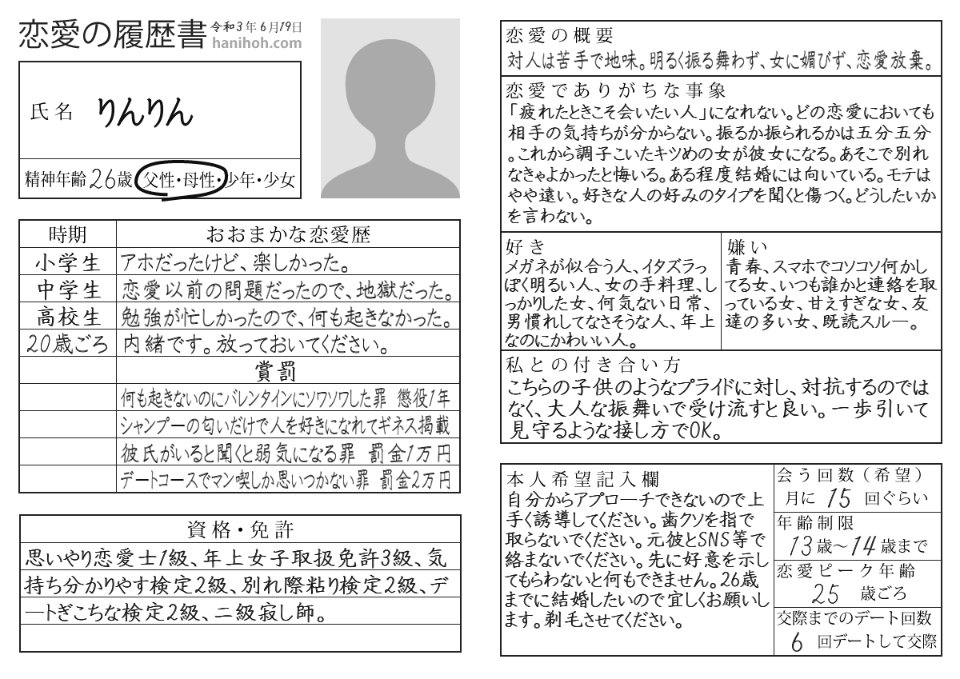 りんりん 自分も恋愛履歴書作ったよ りんりん 自分も恋愛履歴書作ったよ