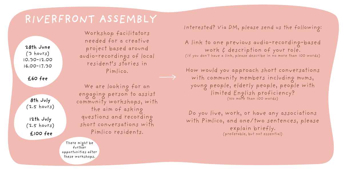 migrantsbureau's tweet photo. For our project 'Riverfront Assembly', we are looking to find an engaging Workshop Facilitator to assist with the audio recordings of local resident's stories from around #Pimlico 🎙️ Drop us a DM if interested https://t.co/QhHTiZCtlz