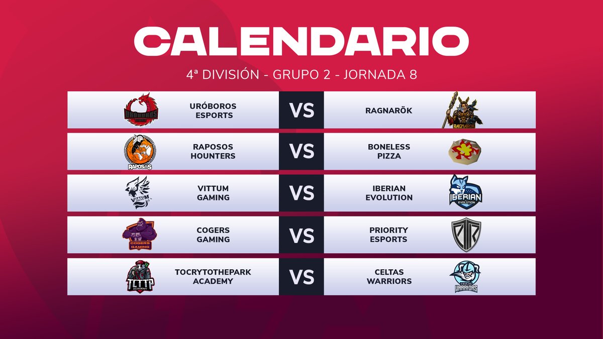 El final está cerca...

🏆4ª Div - G2 - #LEAJ8

♦️ <a href="/UroborosEsports/">Uróboros Esports</a> vs <a href="/RagnarokT1/">Ragnarök</a>
♦️ <a href="/rapososgaming/">Rapos@s Gaming</a> vs <a href="/BonelessPizzaGG/">Boneless Pizza</a> 
♦️ @VittumGaming vs <a href="/Iberian_Evo/">Iberian Evolution</a> 
♦️ <a href="/CogersGaming/">CogersGaming</a> vs <a href="/PriorityEC/">PRIORITY ESPORTS</a> 
♦️ <a href="/ToCryToThePark2/">ToCryToThePark</a> Ac. vs <a href="/CeltasW/">CeltasWarriors</a> 

ligaesportsamateur.es | #TusPrimerosPasos