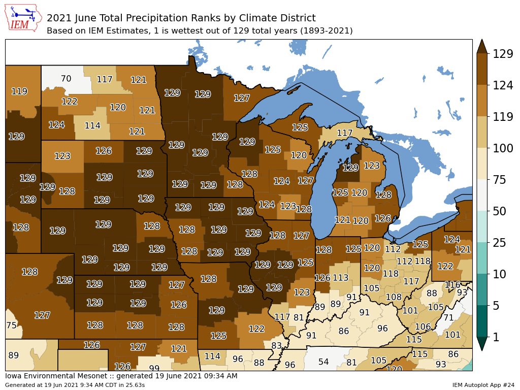 The first 18 days of June are basically the driest start on record over the area. Good news is that rainfall will be around tonight/Sunday, but probably only enough to make a small dent in the deficit. A fortunate few could see an inch or two of rain. (image courtesy of IEM).
