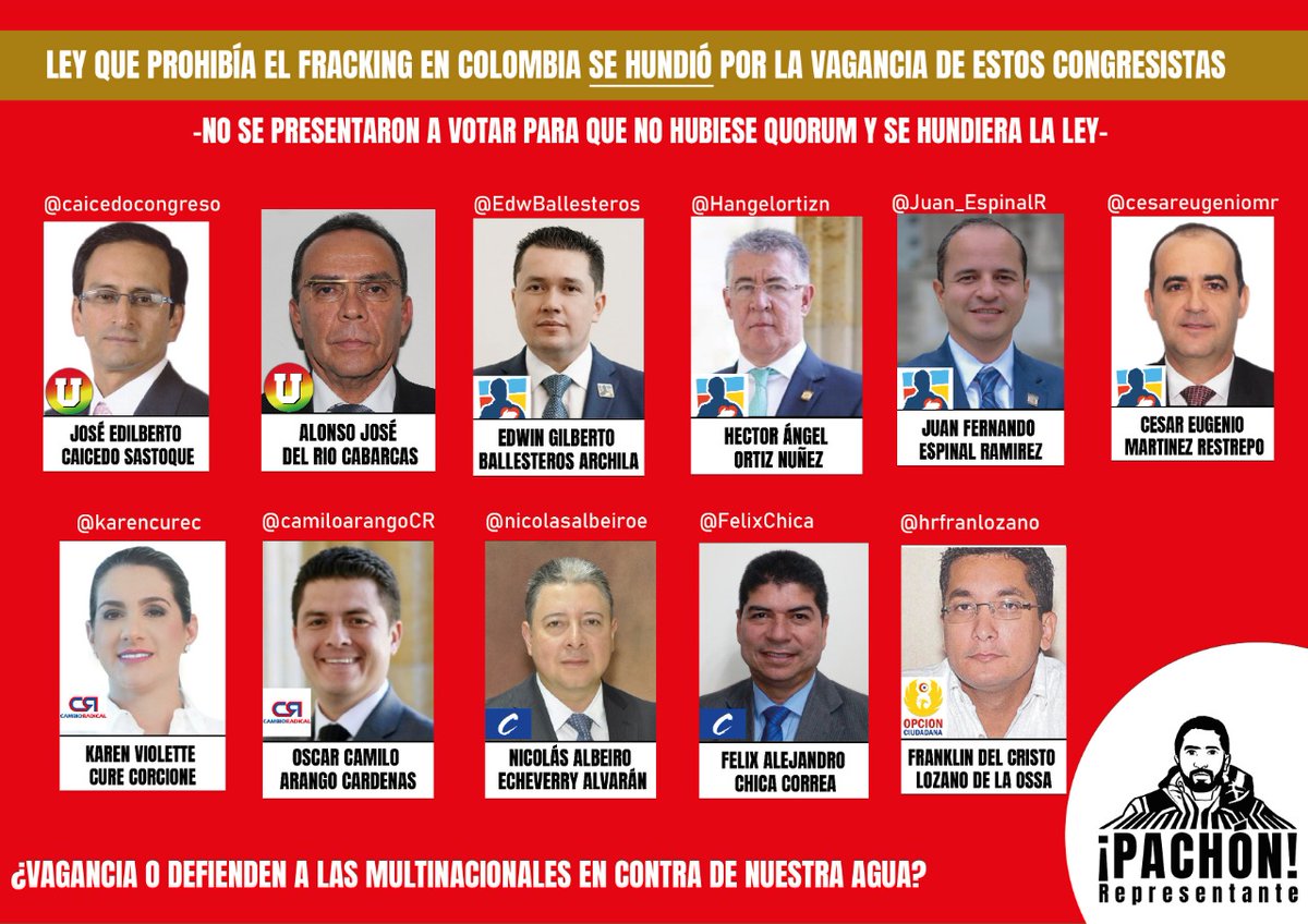 CesarPachonAgro's tweet photo. #ATENCIÓN 🚨 Estos son los 11 representantes que no se presentaron a votar y así no dieron quorum para hundir el Proyecto que Prohibía el #Fracking en Colombia.
¡Si quieren que me demanden, me amenacen, me llamen despectivamente otra vez "campesinito de ruana" pero aquí están! 👇 https://t.co/YmBD54wy3s