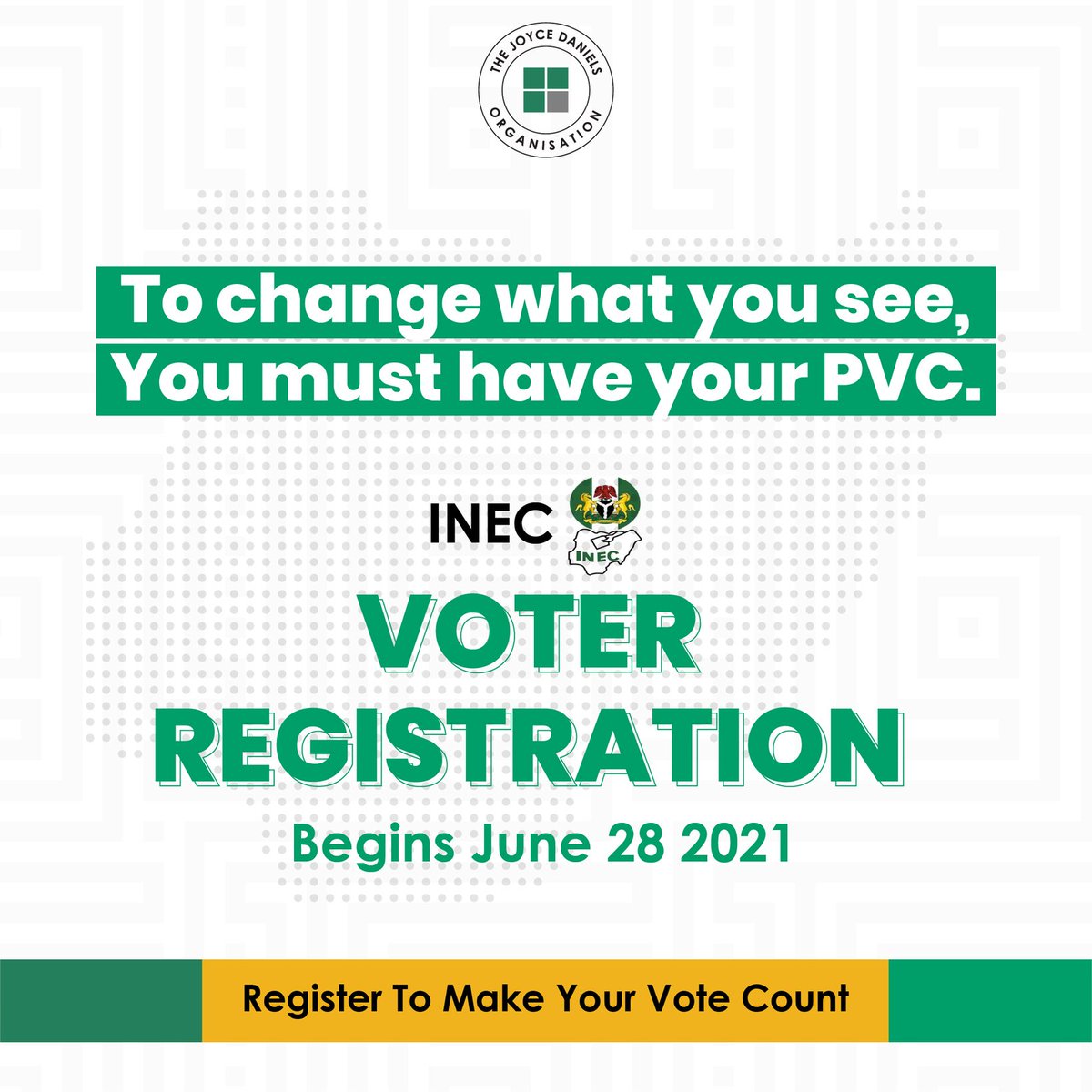 iamjoycedaniels's tweet photo. Bad leaders are elected by good people who are not interested in government or the process that gets the good ones into power.
Your PVC is your voice.
If you haven't registered yet, do so this time.
Together, we will make Nigeria work.
#SocialEngineeringPractitioner #tjdo https://t.co/o8qTnCklcV