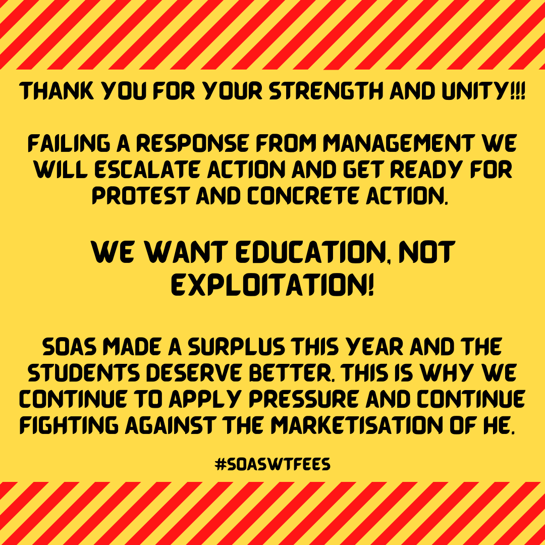 soaswtfees's tweet photo. Update for strikers following email from management! Please read below and if you are on strike please complete the survey in our bio, so we can clarify numbers! Thank you to everyone for their perseverance and strength during this time! SOLIDARITY #soaswtfees https://t.co/kv6WuBmzqI