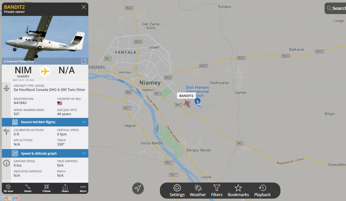 IntelWalrus's tweet photo. A Berry Aviation DHC-6-300 Twin Otter with callsign BANDIT12 briefly appeared on ADSB tracking sites at Diori Hamani International Airport in Niger. Berry Aviation contractors were involved in the casevac of US personnel after they were ambushed in Niger in 2017. #N418AV
#A4F1EC https://t.co/U9YeSuYoy9