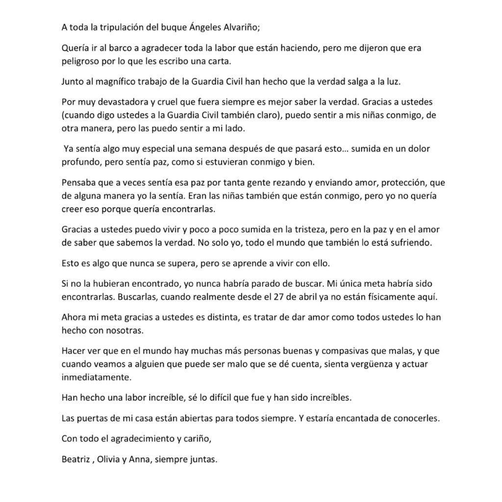 annayolivia's tweet photo. Beatriz ha escrito esta carta en agradecimiento a la tripulación del Angeles Alvariño y a la Guardia Civil que queremos compartir con ustedes porque nos parece preciosa. 

Ojalá esto acabe pronto y de su parte siempre, gracias. https://t.co/xeCl2ddcdC