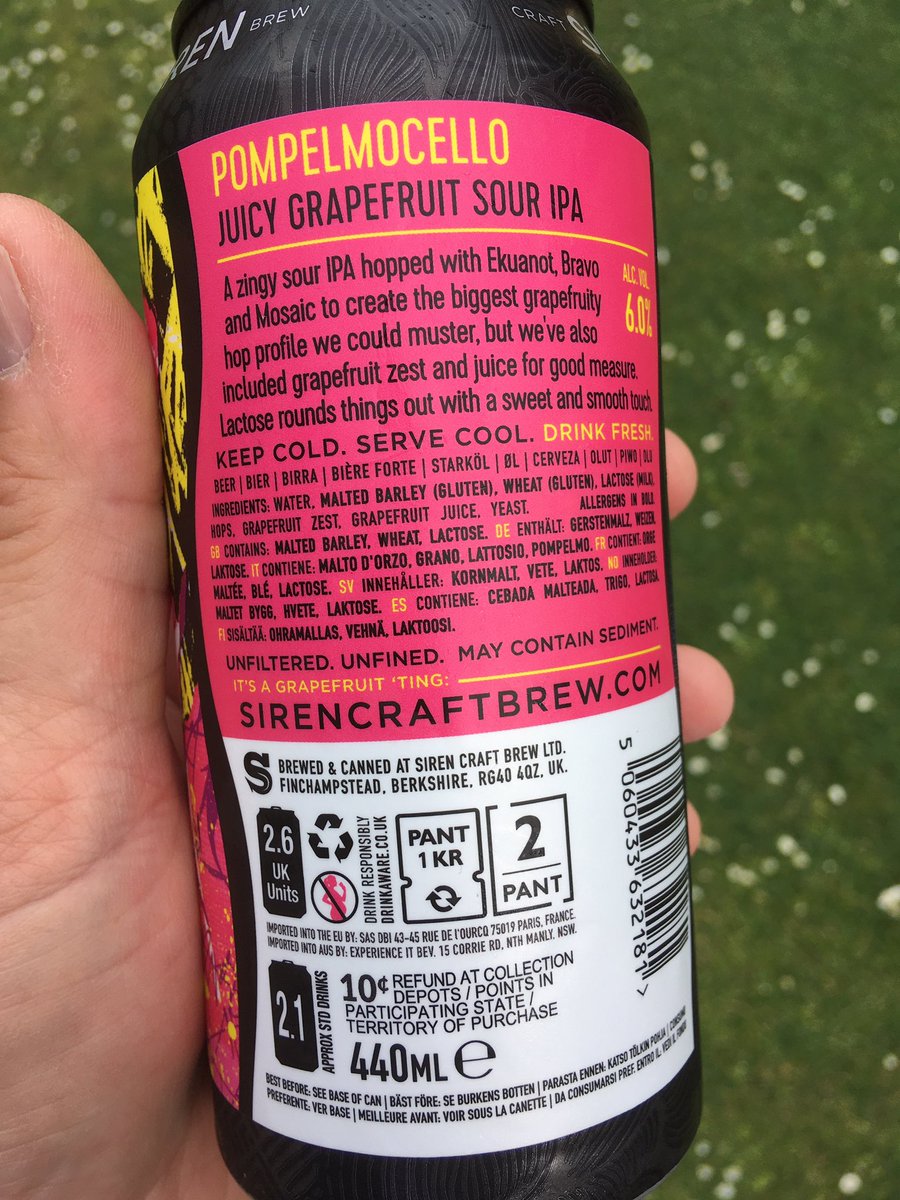 s77tux's tweet photo. Second #BeerForToday is @SirenCraftBrew #Pompelmocello (6.0% ABV, 440ml) Pale gold, hazy appearance; citrus aroma; crisp, tart mouthfeel; grapefruit taste followed by sour sherbet-like aftertaste. Lovely! #SlΓ inte #NowDrinking https://t.co/riZeHHRruz