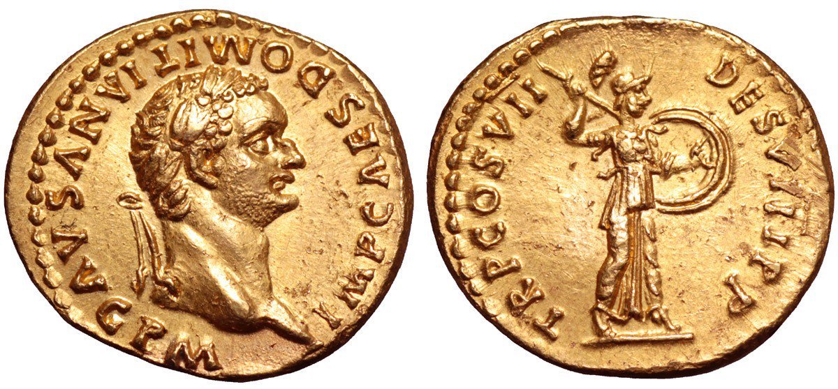 En este áureo aparece el retrato del emperador Domiciano junto con su protectora, la diosa Minerva.