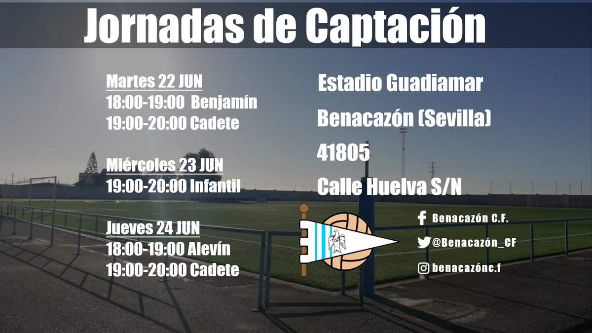 Desde el Benacazón C.F os presentamos las Jornadas de Captación para la temporada 21-22 que se llevará a cabo en la próxima semana en nuestro estadio.
¡Te esperamos!