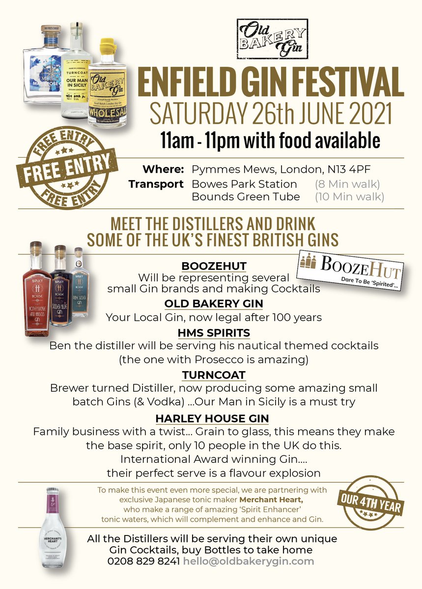 Ian Puddick - Gin Rum Whisky Distiller (@ianpuddick) on Twitter photo Only 1 week to go .....
ENFIELD GIN & RUM FESTIVAL
FREE ENTRY - Outdoor event
Come and meet some of the UK's smallest #Gin & #Rum Distillers from all over the UK
11am 11pm
Pymmes Mews London N13 4PF
Bounds Green
<a href="/harleyhousegin/">Harley House Distillery</a> <a href="/HMSSpirits/">HMS Spirits</a> <a href="/WeareTurncoat/">Turncoat</a>
See flyer below Only 1 week to go .....
ENFIELD GIN & RUM FESTIVAL
FREE ENTRY - Outdoor event
Come and meet some of the UK's smallest #Gin & #Rum Distillers from all over the UK
11am 11pm
Pymmes Mews London N13 4PF
Bounds Green
<a href="/harleyhousegin/">Harley House Distillery</a> <a href="/HMSSpirits/">HMS Spirits</a> <a href="/WeareTurncoat/">Turncoat</a>
See flyer below