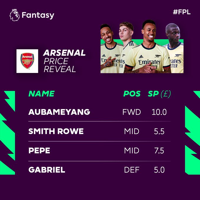 The Fantasy Premier League prices revealed for 21/22: Aubameyang (10.0), Smith Rowe (5.5), Pepe (7.5) and Gabriel (5.0)