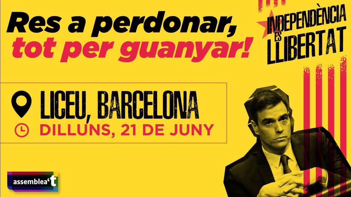 BCNxlaIND's tweet photo. El president del país veí ve dilluns a Barcelona, al Liceu.
Diuen q ens vol vendre els indults.
Diguem-li  q no tenim res a perdonar.
L’autodeterminació és un dret.

📆 dilluns, 21 de juny
🕣 estigueu atents l’hora i
📍 lloc aviat

#IndependènciaÉsLlibertat https://t.co/GzVLNkRhon