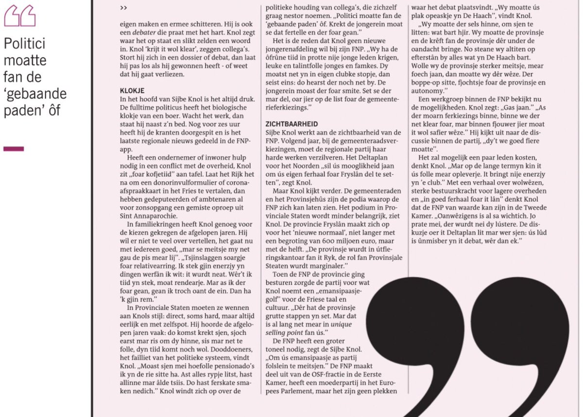 💪 Hjoed stie fraksjefoarsitter <a href="/SijbeKnol/">Sijbe Knol</a> mei in fraachpetear yn de <a href="/lc_nl/">Leeuwarder Courant</a> . 

▶️ Oer de partij, de mooglike wei nei de Twadde Keamer, jongerein en noch folle mear!

#ThúsynFryslân