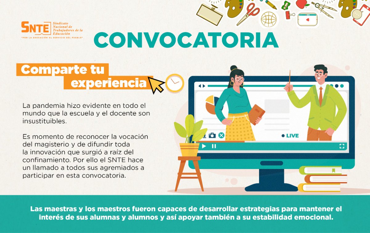 #TodosSomosUno 🙋‍♀️🙋
#NosVemosEnLaEscuela 🏤

🟠 El #SNTE 🍎📚 te invita a compartir experiencias ✅ en innovación de la enseñanza a distancia 🧑‍💻🔛👩‍🏫 durante la pandemia por la #COVID19 🦠 que dejó en claro la vocación del magisterio ✔️

👉Convocatoria 👇
snte.org.mx/comparte-exper…