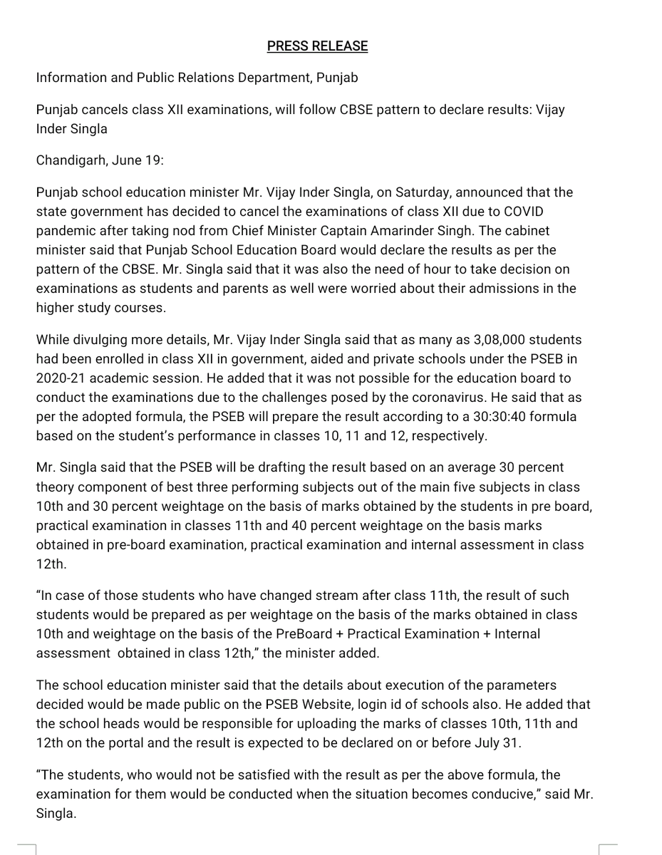 AdvMamtaSharma's tweet photo. Detailed information in respect of cancellation of Punjab 12th Board exams. Methodology proposed by CBSE adopted by Punjab State Board. https://t.co/u00DhFmIGo
