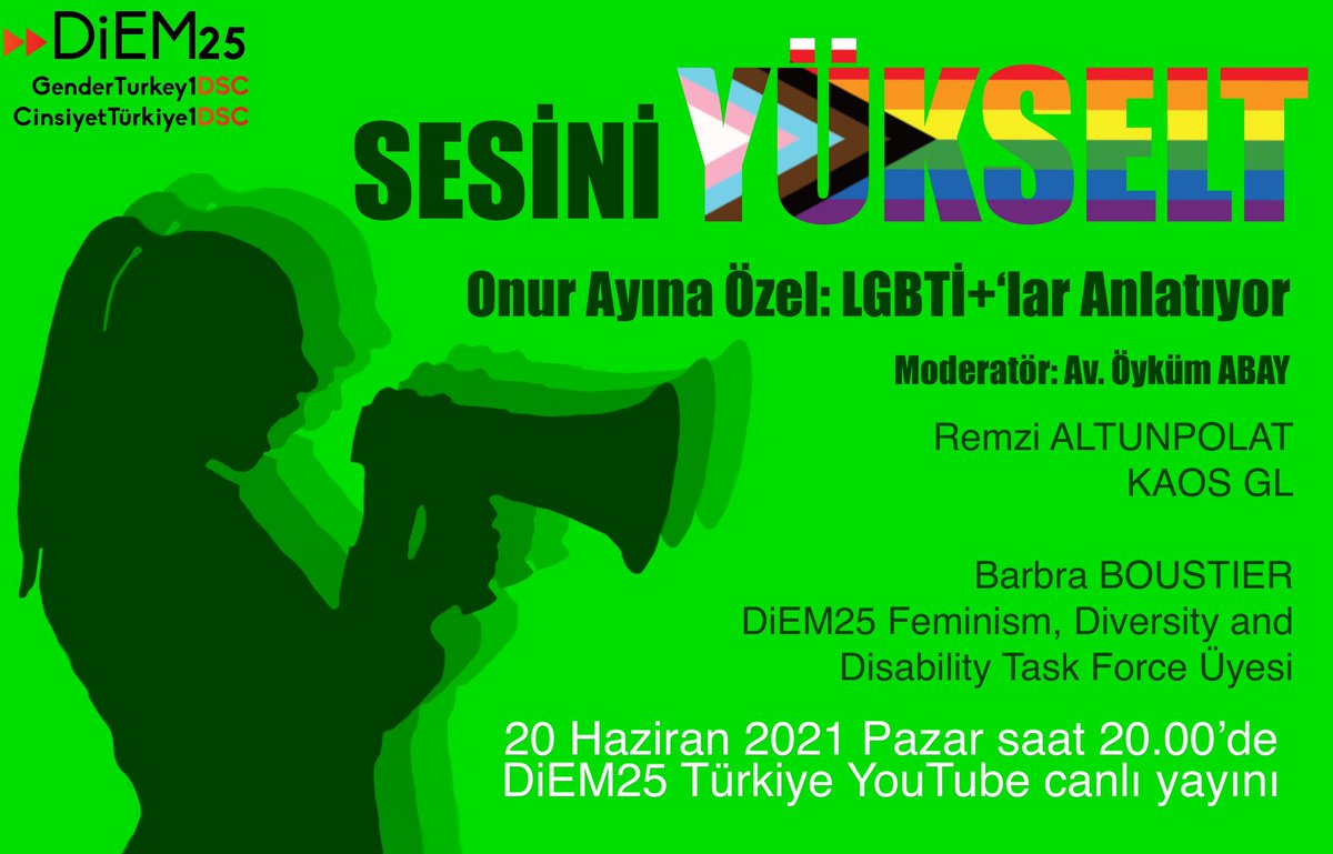 gender1dsc's tweet photo. 20 Haziran Pazar günü saat 20'de 
LGBTİ+'ların Türkiye'de yaşadıkları süreci ve İstanbul sözleşmesinin önemini Kaos GL'den Remzi ALTUNPOLAT hoca ile,
Avrupa'da LGBTİ+ hareketini ise Diem25 Feminism, Diversity and Disability Task Force Üyesi Barbra BOUSTIER ile konuşacağız. https://t.co/d1h94kssl6