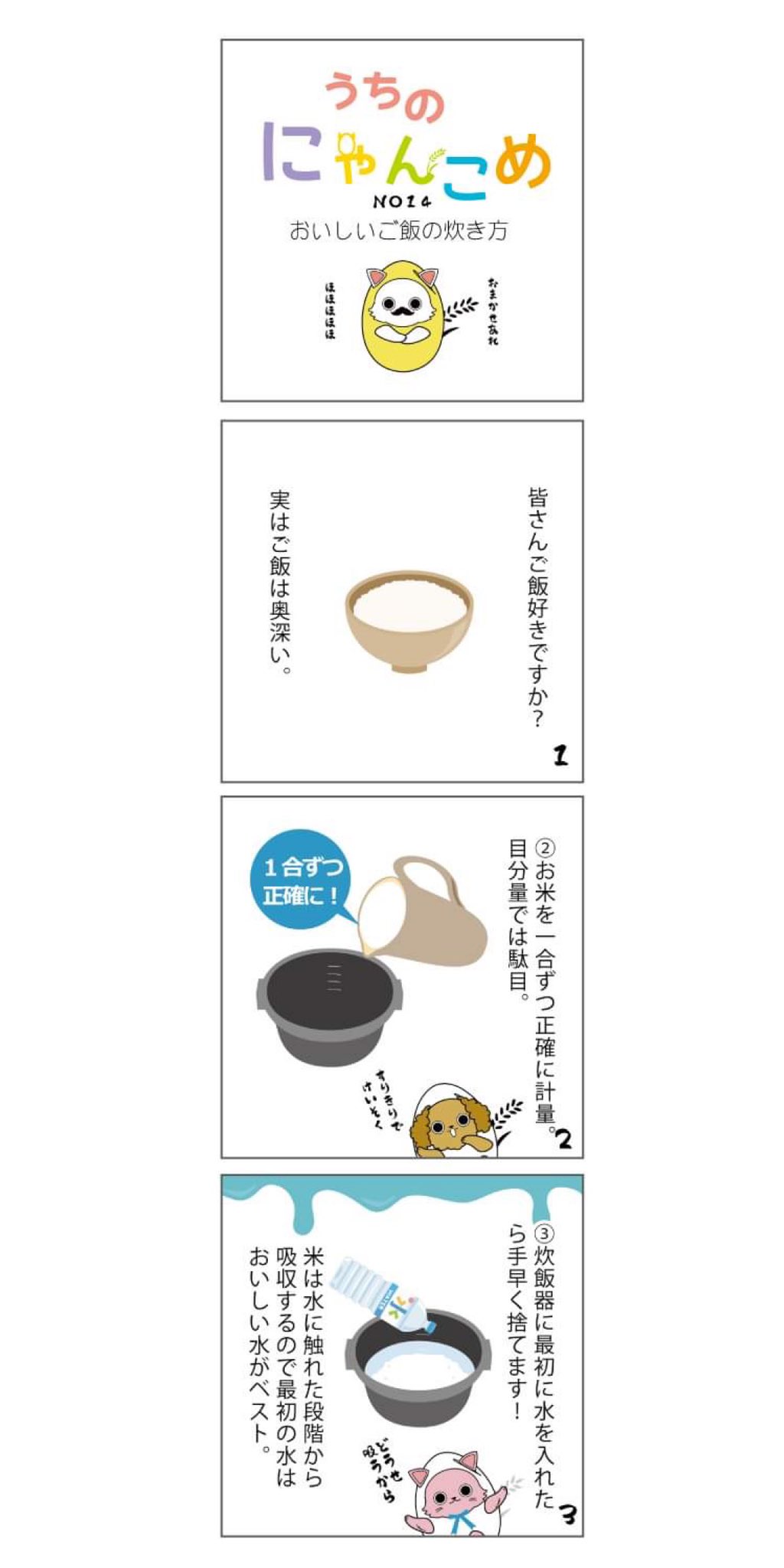 にゃんこめ 公式 猫とお米屋さん にゃんこめ漫画 Vol 14 ご飯の美味しい炊き方 お米を ご飯に 美味しく変える術 にゃんこめ 猫漫画 4コマ漫画 T Co Mxoolcmul2 Twitter