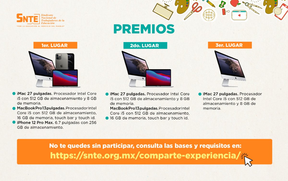 #TodosSomosUno 🙋‍♀️🙋
#NosVemosEnLaEscuela 🏤

Innovación y buenas prácticas docentes durante el confinamiento 🧍🏡  son experiencias que el #SNTE 🍎📚 premiará para reconocer la vocación en la era #COVID19 🦠

‼️Participa‼️
Convocatoria 👉Da click aquí👇
snte.org.mx/comparte-exper…