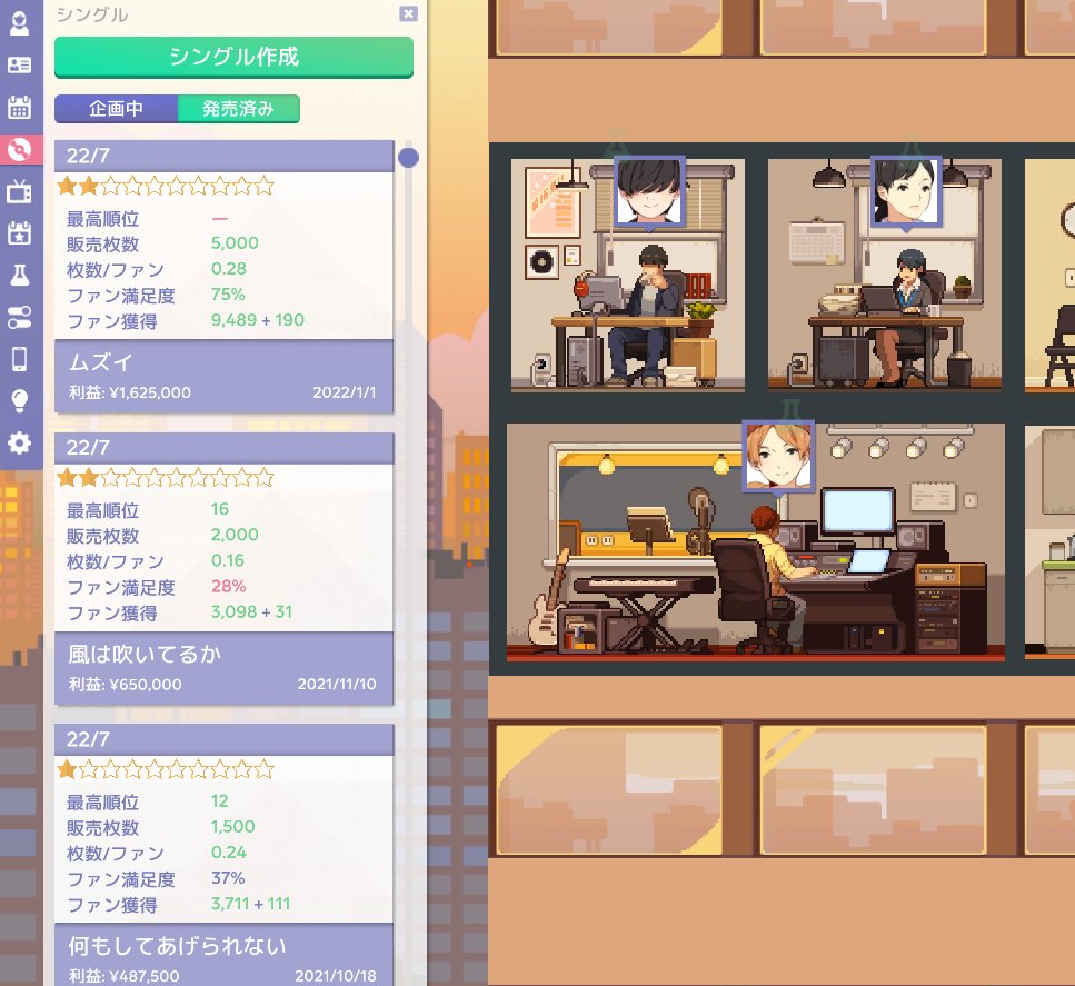 Axia 大分安定してきた 公演4位になると黒字になるな センターのスタミナのせいかスペシャルイベントのコンサートのボルテージ150 が難しい 広告9万 週を目指すために次はマネージャーもう一人雇って研究多めにやるか アイドルマネージャー T