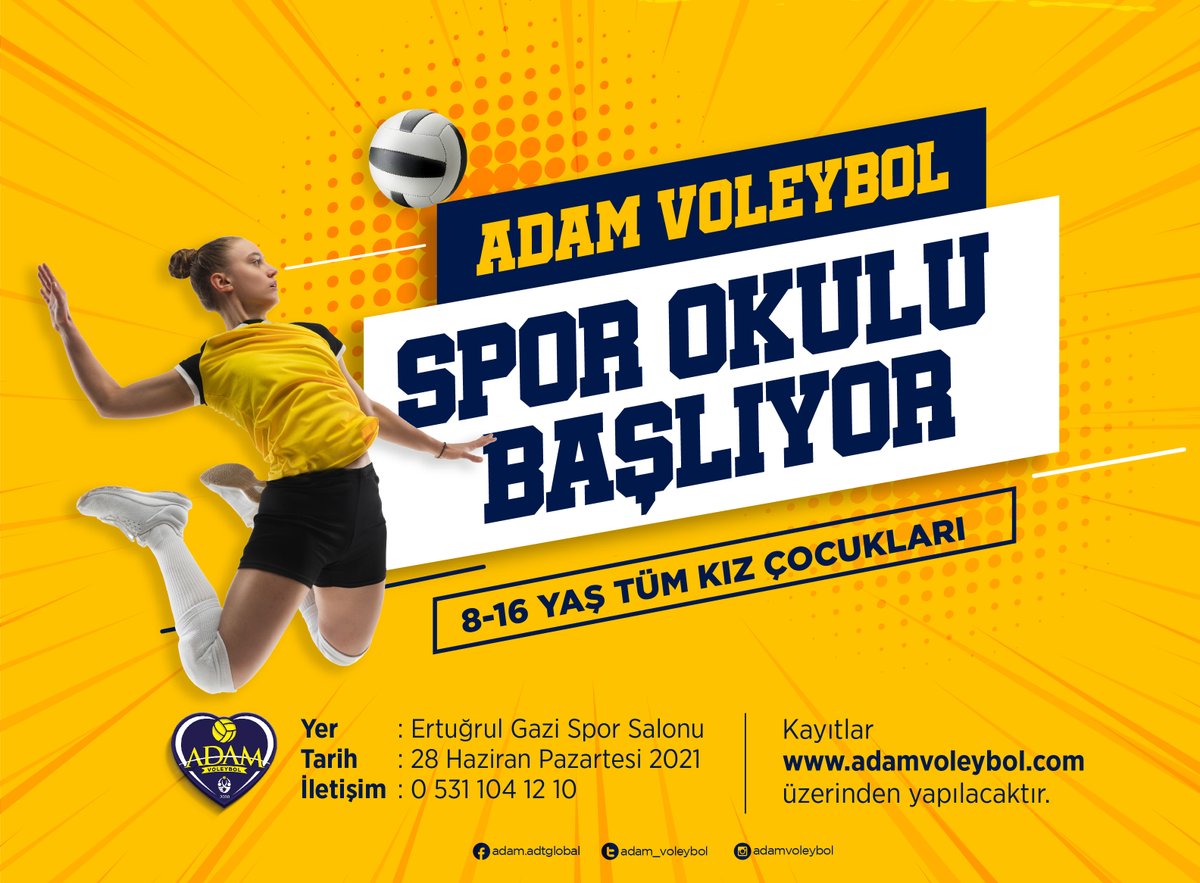 📢 Adam Voleybol Yaz Spor Okulu Başlıyor! 🏐

✔️ 8-16 Yaş Tüm Kız Çocukları

📍 Ertuğrul Gazi Spor Salonu
🗓️ 28 Haziran Pazartesi 2021
📱 0 531 104 12 10
🌐 Kayıt: shorturl.at/ckIW0

* Saatler ileriki tarihlerde açıklanacaktır.