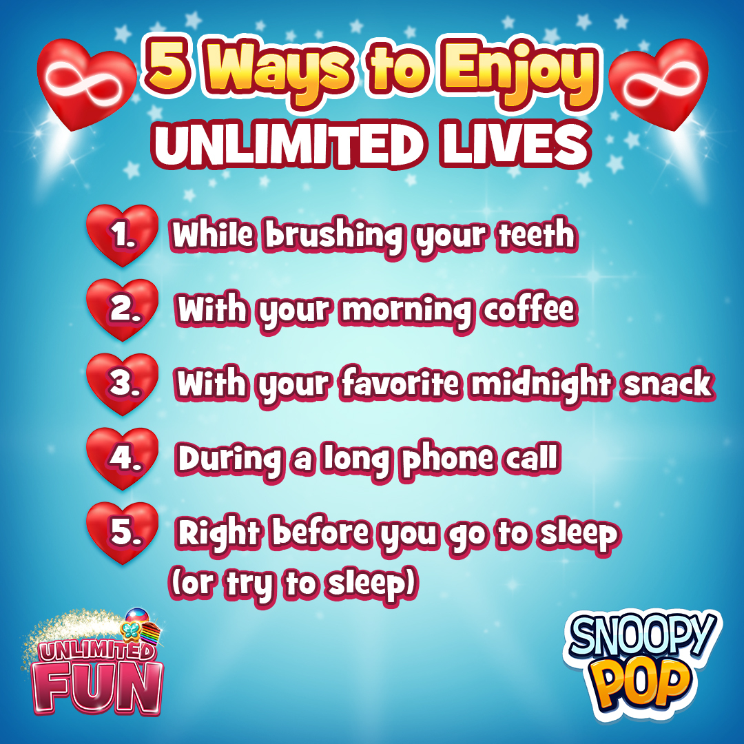 1️⃣2️⃣3️⃣4️⃣5️⃣
We’re counting the ways we enjoy unlimited lives
👇 How do you enjoy them?
Don’t forget this limited time event ends 6/22 
So play now for some unlimited fun!
#JamCityUnlimited