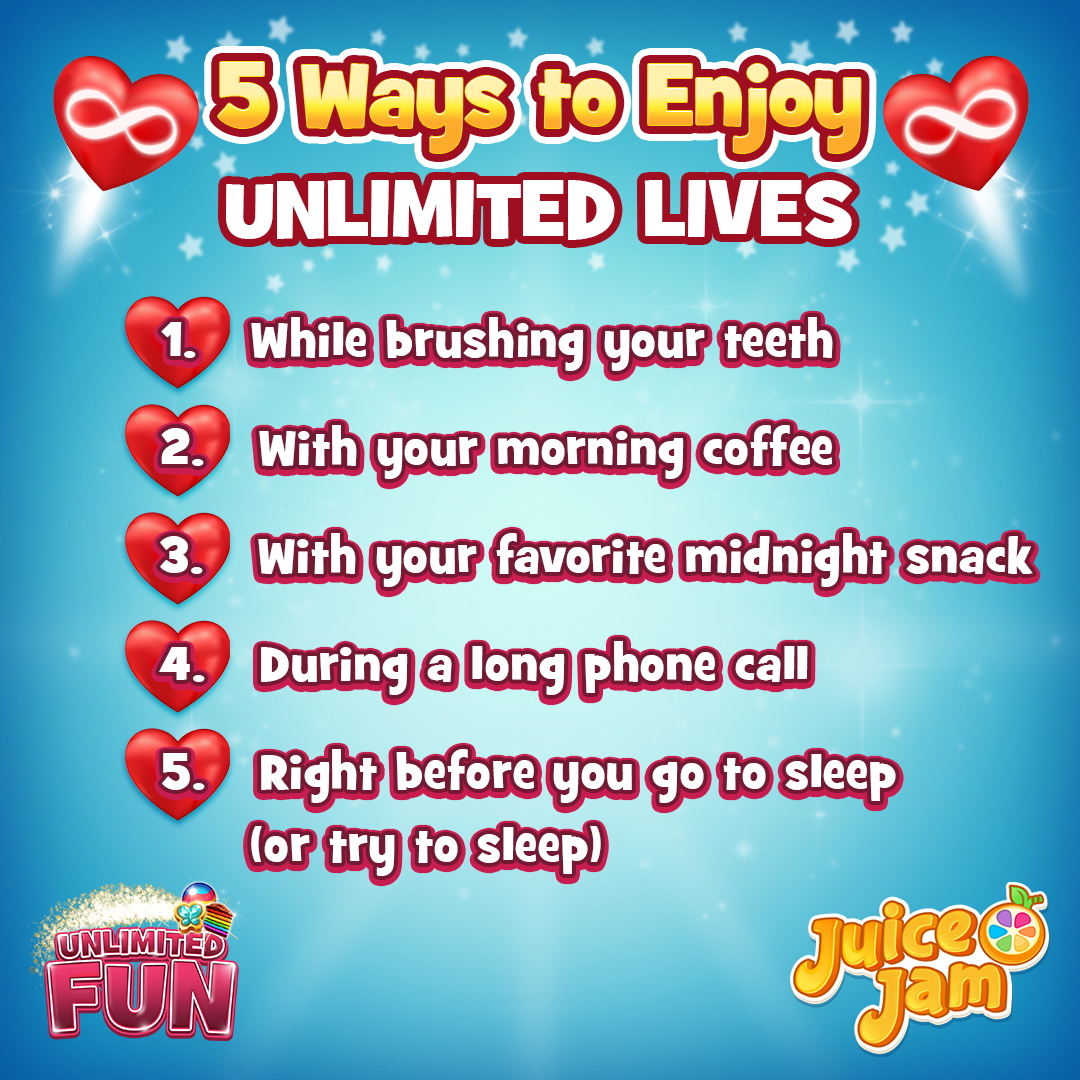 juicejamgame's tweet photo. 1️⃣2️⃣3️⃣4️⃣5️⃣
We’re counting the ways we enjoy unlimited lives
👇 How do you enjoy them?
Don’t forget this limited time event ends 6/22 
So play now for some unlimited fun!
#JamCityUnlimited https://t.co/SSvxLJAW3p